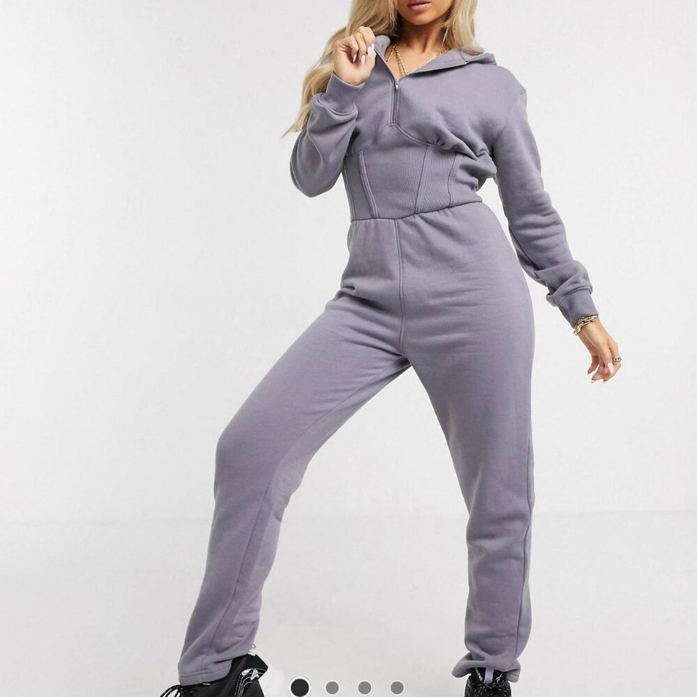 Missguided Gray Corset Waist Chill Hooded Lounge Jumpsuit Airport Fit NWT Size 4